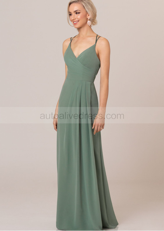 Double Straps Green Chiffon Diamond-shaped Back Bridesmaid Dress